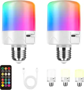 E26 USB Rechargeable Light Bulbs with Remote Control 3 Colors 9 RGB Modes Dimmable Timer Battery Backup for Power Outage Camping Hurricane