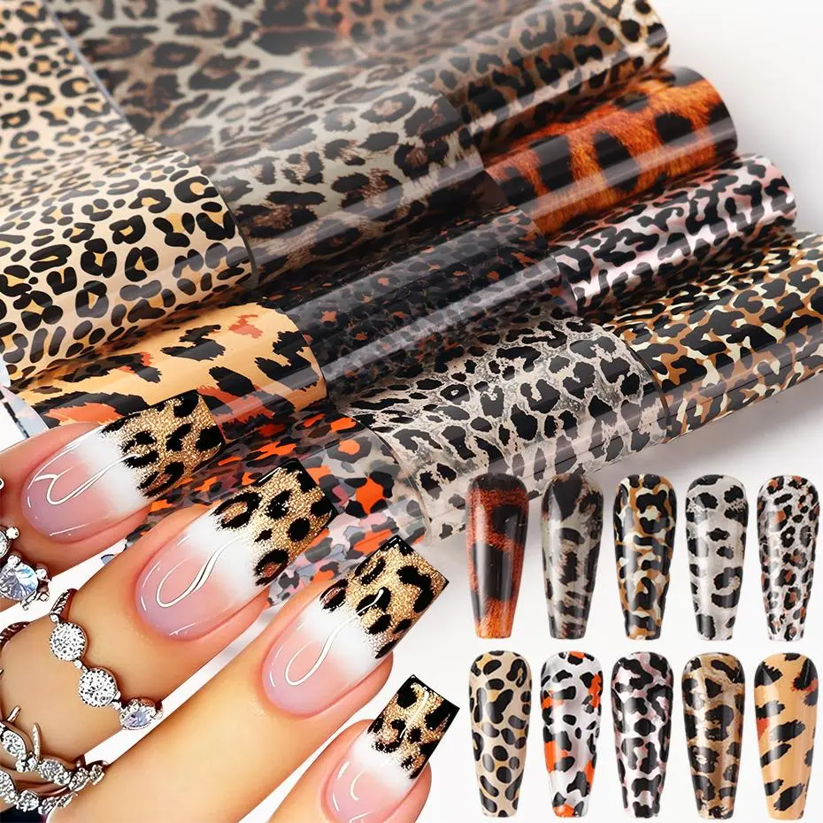 10pcs Elegant  Leopard Print Nail Transfer Foils Stickers Animal Fur Elegant Leopard Print Pattern DIY Charm Nail Art Decoration