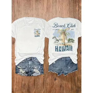 Ladies' Hawaiian Beach Club Pattern T-shirt - Casual Vacation Short Sleeve Round Neck Top with Palm Tree Design, Breathable and Soft Cotton Feel, Perfect for Summer Clothing
