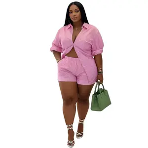 Plus Size Women's  2-Piece Gingham Striped Set - Button-Front Drop Shoulder Long Sleeve Shirt, Elastic Waist Pocket Shorts, Chic  Spring & Fall Outfits casual cozy breathable two-piece matching women summer