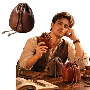 1pc Men's Retro Drawstring Coin Pouch, vintage oil wax texture mini bag, soft drawstring closure design, multi-use storage pouch for coins and jewelry, compact portable style, classic retro look, suitable for daily carry and outdoor travel