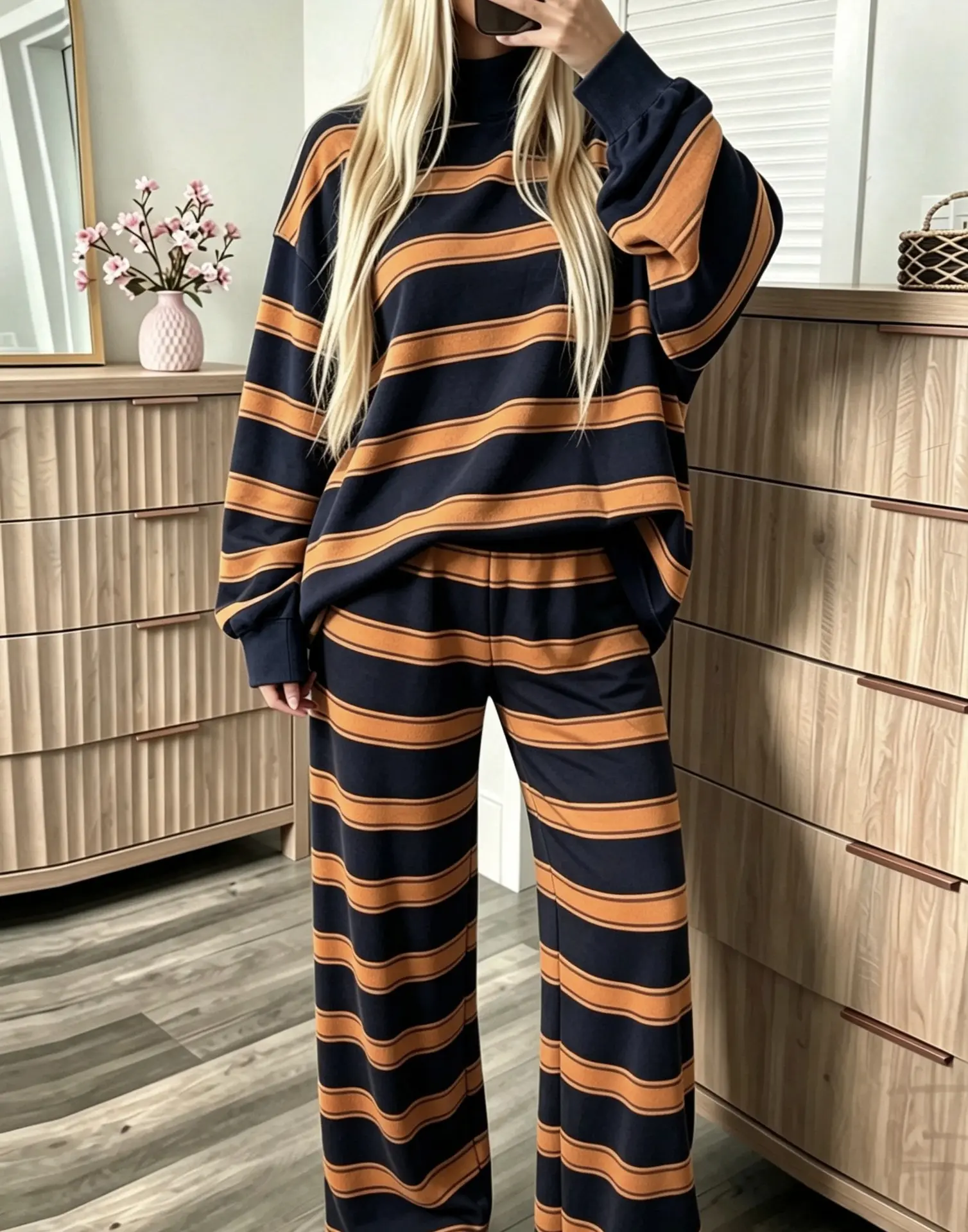 Women’s autumn/winter color-block striped loungewear set, relaxed drop-shoulder sweatshirt and wide-leg pants, casual two-piece set, loose and comfortable for home and outings, long-sleeve mock neck top Pajama Nightwear Womenswear Homewear Pjs Long Sleeve
