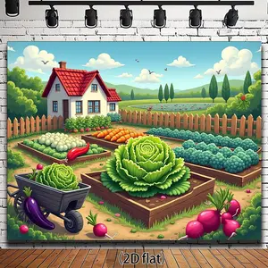 2D Flat Farm Garden Theme Photo Booth Backdrop & Banner, Soft Fabric Multi-Size Home & Festive Party Supply with Vegetables, Wooden Fence, Rural Farm Scene, Banners