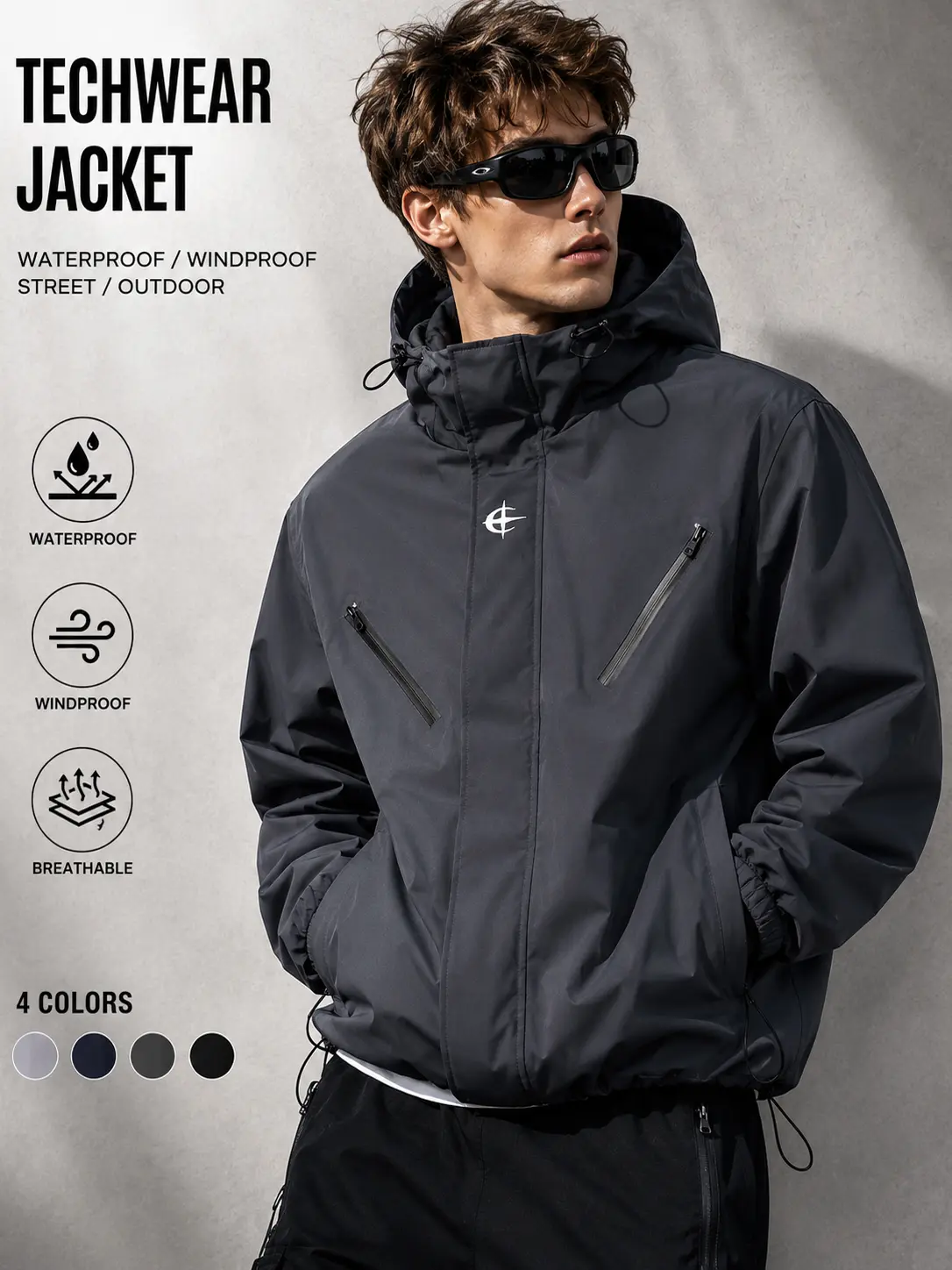 Men’s Y2K American street hooded windbreaker jacket, water-repellent, zip pocket, casual functional cargo outerwear for everyday outdoor use