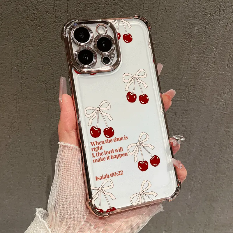 Cherry & Bow Pattern TPU Silicone Soft Case for iPhone 17 Pro Max,16,15 Plus,14,13,12,11,XS,XR - Durable, Anti-Scratch, Lightweight, Shockproof Protection Phone Accessory for iPhones