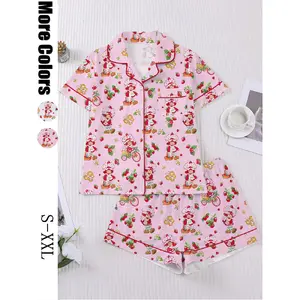 Women's Strawberry Cartoon Print Sleepwear Loungewear Set, Short Sleeve Button-Up Top & Elastic Shorts, Casual Home Wear for Daily Use
