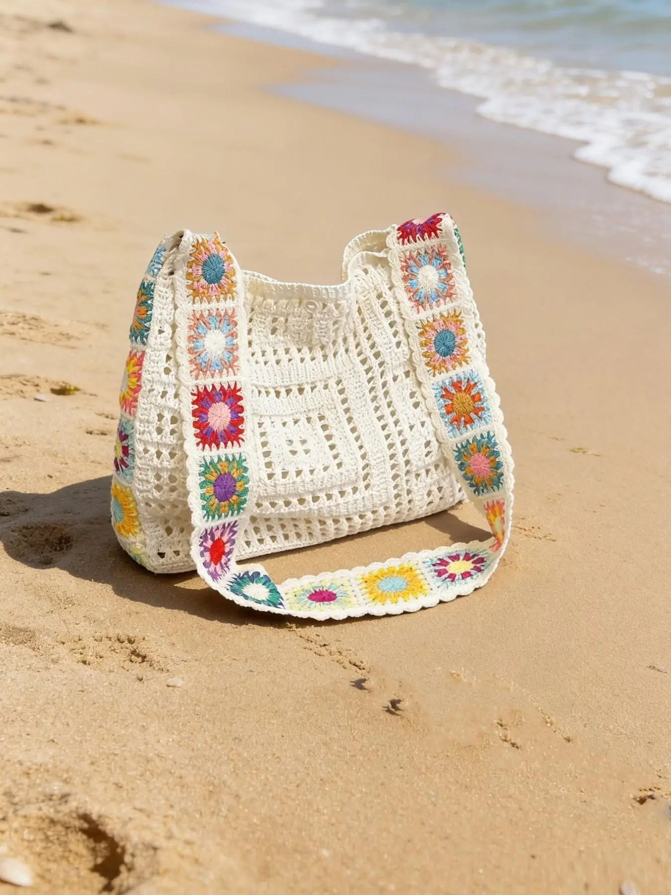 Handmade Crochet Granny Square Tote Bag, Colorful Patchwork Knit Shoulder Bag, Large Capacity Hollow Out Beach Bag for Vacation & Daily Use, Boho Aesthetic Handbag for Women, Boho Style Crossbody