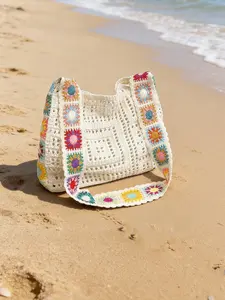 Handmade Crochet Granny Square Tote Bag, Colorful Patchwork Knit Shoulder Bag, Large Capacity Hollow Out Beach Bag for Vacation & Daily Use, Boho Aesthetic Handbag for Women