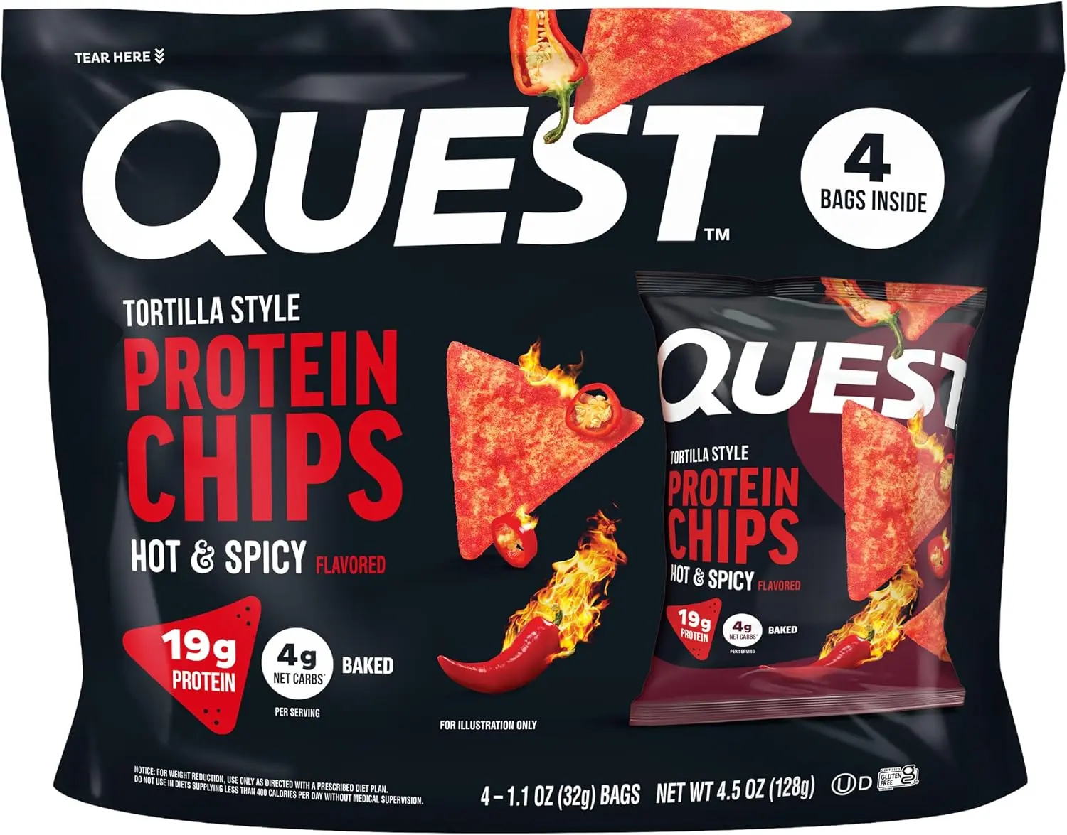 Quest Nutrition Tortilla Style Protein Chips, Hot & Spicy Flavor, 19g Protein, 4g Net Carbs, Gluten-Free, 1.1 oz, 4-Count Snack