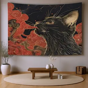A Tapestry Featuring an Asian Ukiyo-E Style Cat Amidst Clouds And Waves, Complete with Additions, Perfect for Decorating Walls in Homes, Dorms, Or Bedrooms