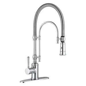 WOWOW 2-Functions Single Handle Gooseneck Pull Down Sprayer Kitchen Faucet with Spring Tube in Solid Brass Polished Chrome