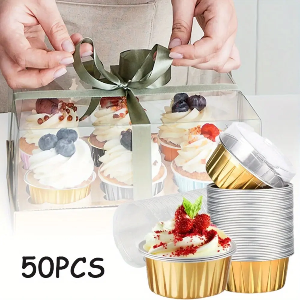 50PCS Golden 5oz Aluminum Foil Baking Cups with Lid Creme Brulee Cupcakes Lined with Cheesecake Pan Pie Molds Perfect for Party Gifts Birthday Supplies