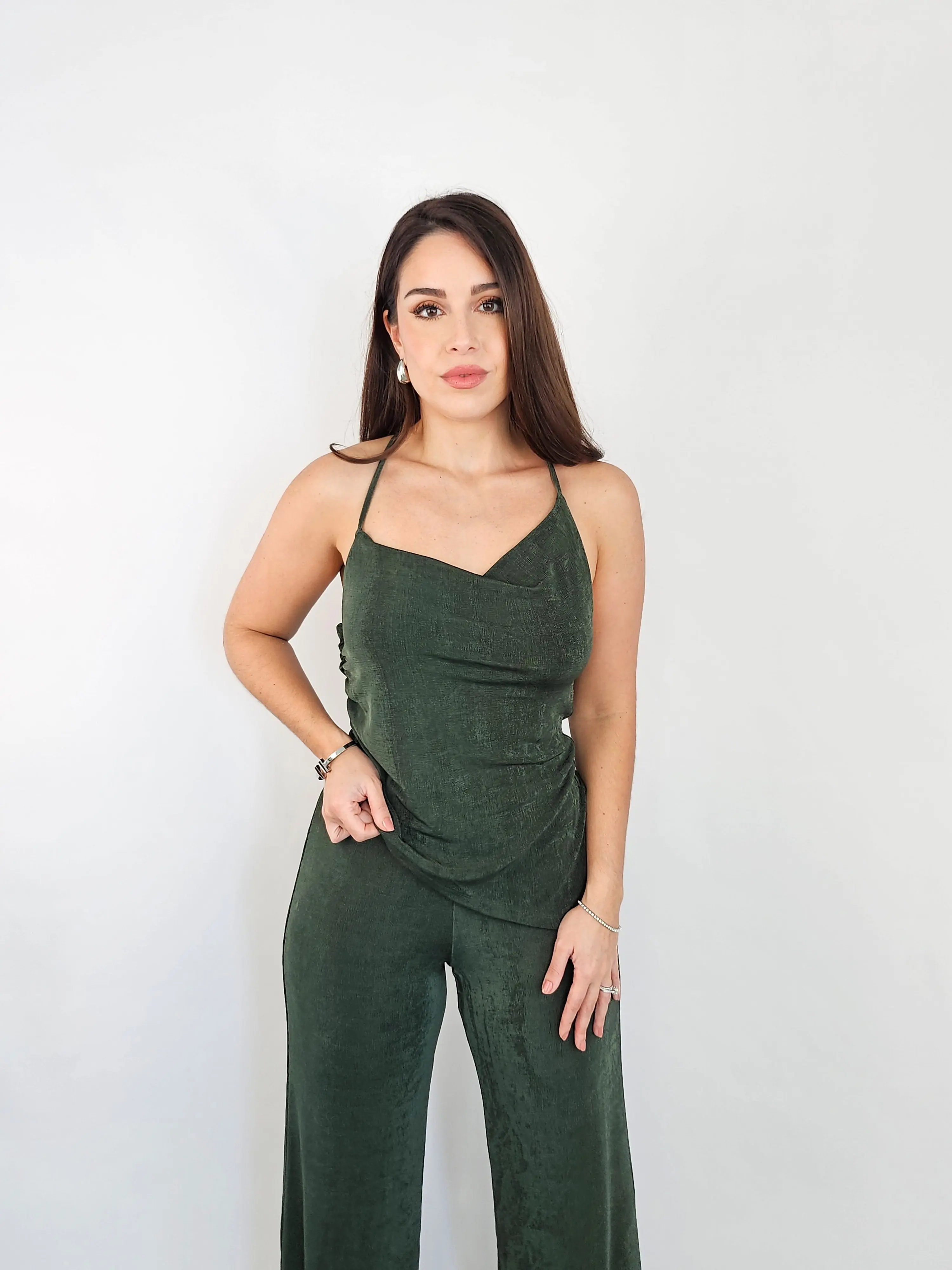 Asymmetrical Two Piece Set – Slinky Cowl Neck Top with Open Back & Wide-Leg Pants