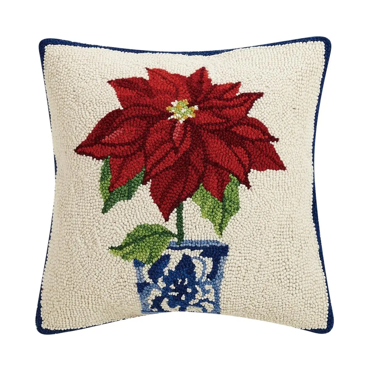 Peking Handicraft 31SERX424CC16SQ 16x16 in. Multi-Color Holiday Chinoiserie Poinsettia Poly-Filled Square Hook Pillow, Chinese-Inspired Floral Standard Pillow, Chinese-Inspired Standard Pillows, Floral Standard Pillows