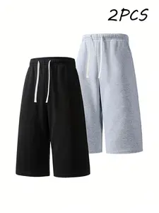 2pcs Men’s Summer Lightweight Drapey Three-Quarter Joggers Elastic Drawstring Loose Straight Knit Pants Breathable Skin-Friendly Doesn’t Feel Claustrophobic Casual Sports Home Commuting Versatile for All Situations