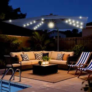 [With Base & Light] 10' x 10' Square Patio Umbrella with Solar Powered LED Lights, UPF 50+ UV Block, 360° Swivel & Crank Height Adjust, Ventilated Canopy, Rust-Proof Aluminum Pole for Outdoor Garden Patio