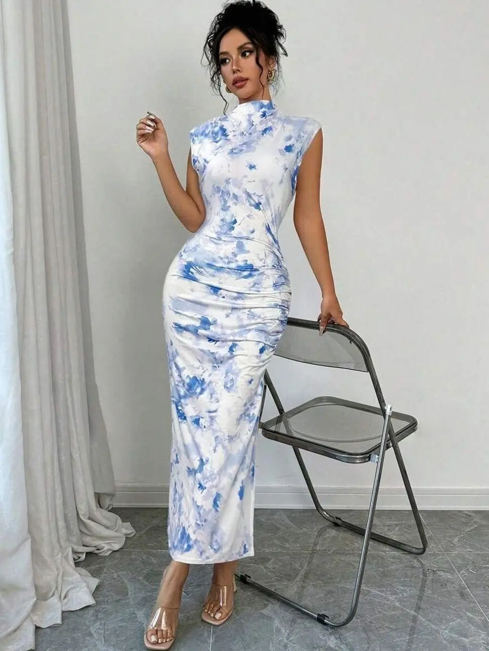Women's Elegant Floral Print Stand Collar Sleeveless Ruffle Waist Dress Summer Tea Party Outfit 🌸👗