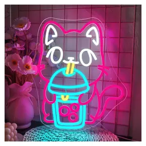 Sign Illuminated Cat Boba Tea Neon Sign For Wall Decor Bubble Tea Cat Neon Lights Decoration For Dessert Shop Room Party 33.5cm×39.5cm