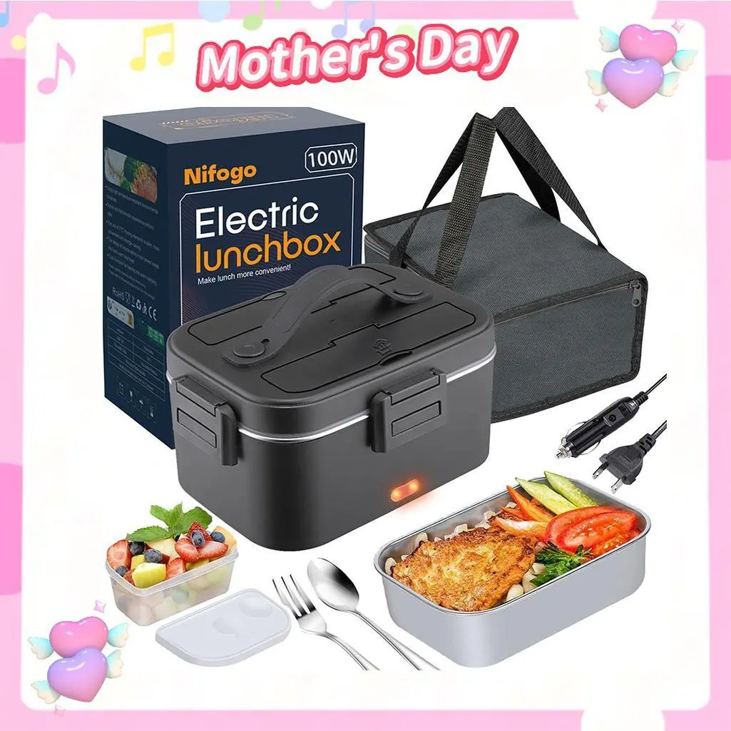 Nifogo 100W Self-Heating Electric Lunch Box Tableware - 12V-24V-110V, 1.5L-1.8L Black Reusable Thermal Container, Insulated Portable Bento, Food Lunchbox with Bag for Work, Packing Lunch for My Kid