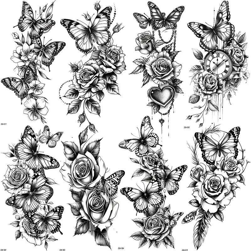 8 Sheets Butterfly Rose Temporary Tattoo Stickers, Waterproof Heart & Floral Style Tattoos, Unisex Body Art Decals for Women Arms Legs, Body Fake Tattoos, Ephemeral Tattoos