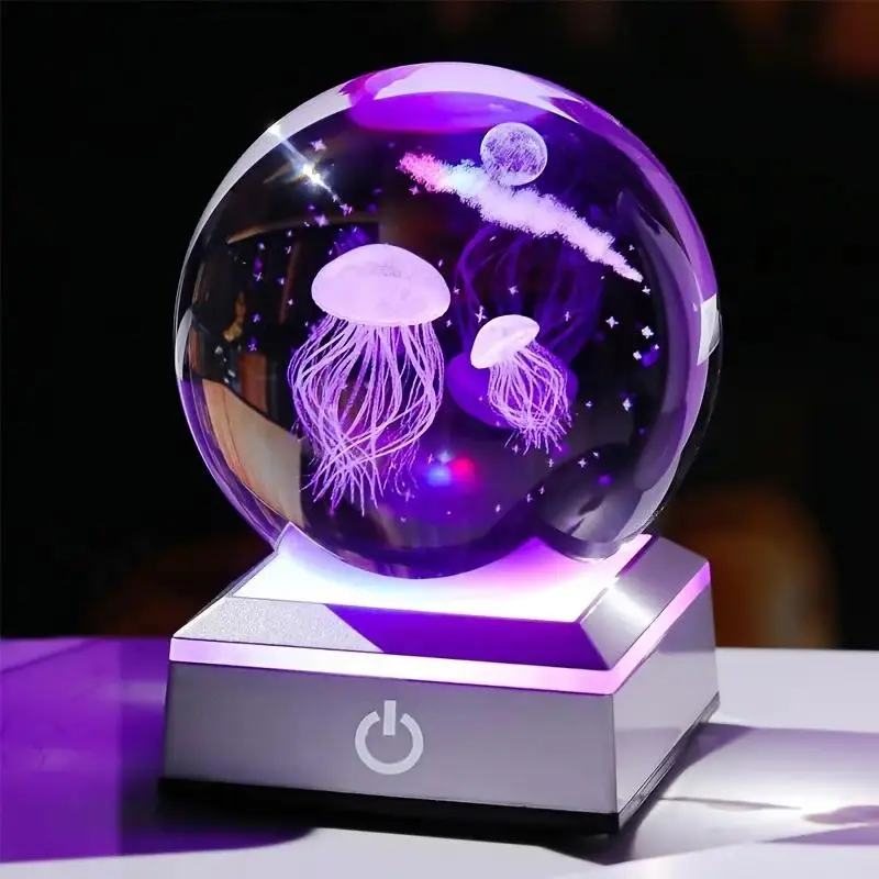3D 8cm Jellyfish Crystal Ball With Color LED Base -USB Powered Laser Engraved Glass Ball,Star And Moon Design,Gift for Girlfriend, Mom, Dad,for Living Room, Office, Coffee Shop Bedroom Decoration universe gift gift idea