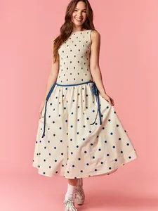 Polka Dot Print Smocking Low Waist Lace Tape With Bow Tie Detailed Open Back Flare Midi Dress