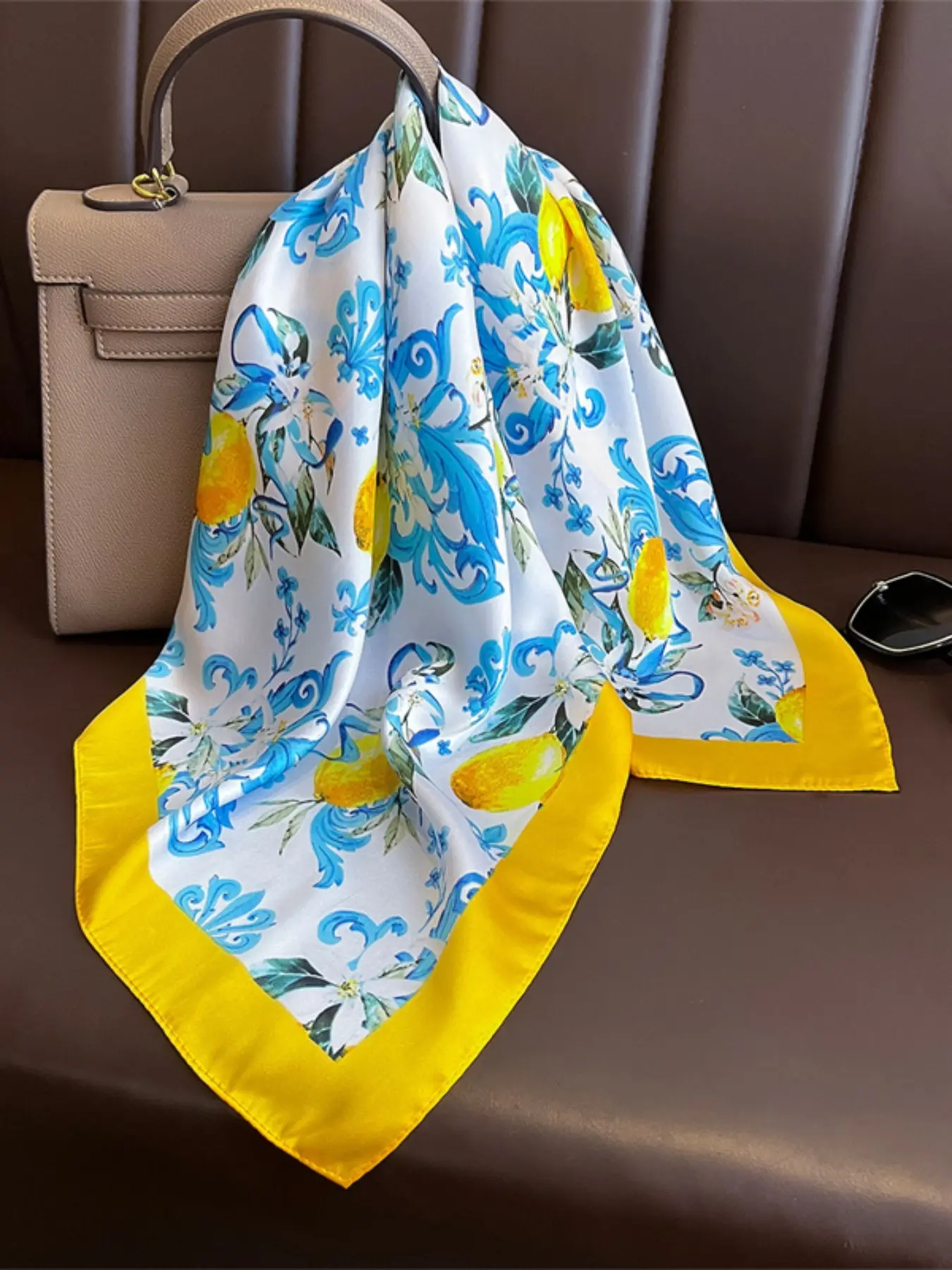 Yellow Lemon & Flowers Print Square Scarf Lemon Yellow Magnolia Flower Patterned Twill Silk Square Scarf main image 2