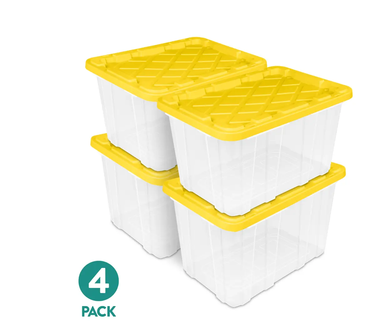 Large Storage Bin, 27 Gallon Clear Plastic Storage Container with Snap-On Lid, Yellow, Industrial, Pack of 4