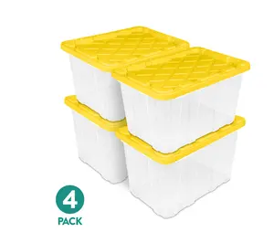 Large Storage Bin, 27 Gallon Clear Plastic Storage Container with Snap-On Lid, Yellow, Industrial, Pack of 4