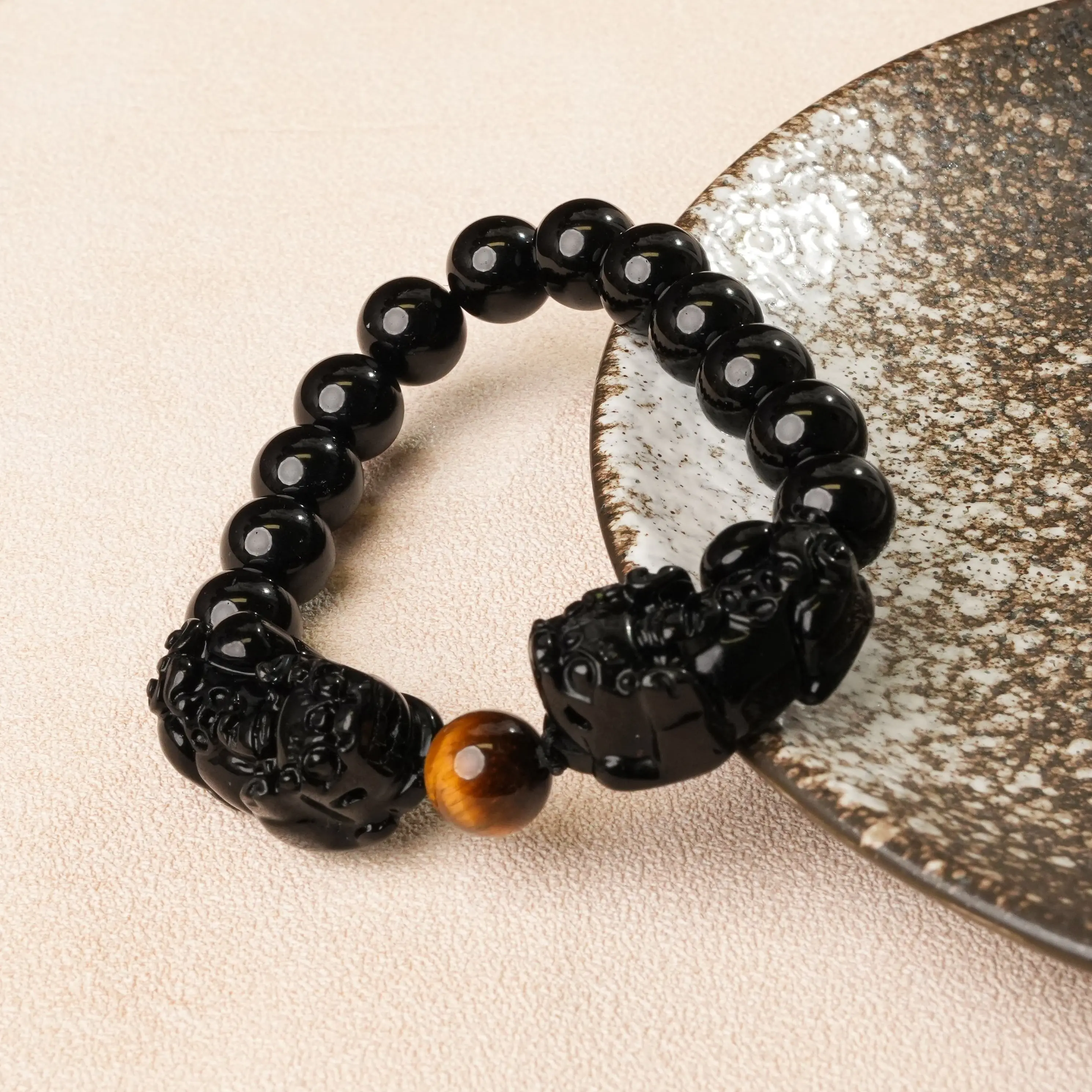 LUMAWU Natural Black Obsidian 10mm Double Pixiu Bracelet | Adjustable Size | Daily Wear Fashion & Business Accessory