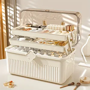 1pc 3 Tier Cosmetic Storage Box with Handles Portable Foldable Makeup Organizer Multi functional Lipstick Holder Bathroom Display Shelf for Vanity Countertop Toiletries Storage