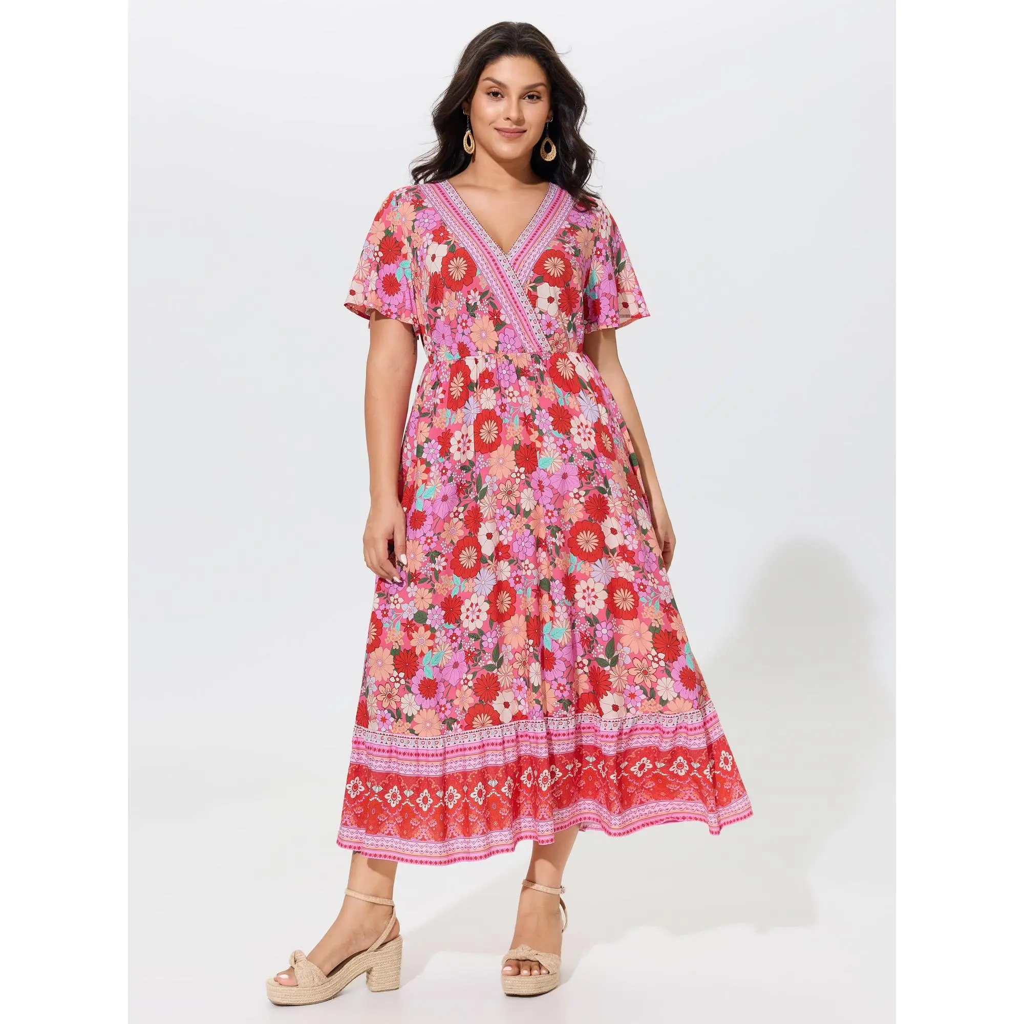BloomChic Plus Size Women's Supersoft Rayon Bohemian Floral Midi Dress, Casual Wrap V-Neck with Ruffle Sleeves and Pockets, Shortsleeve, Smooth, Garment, Fabric, Curvy Dresses Plus Size, Fit