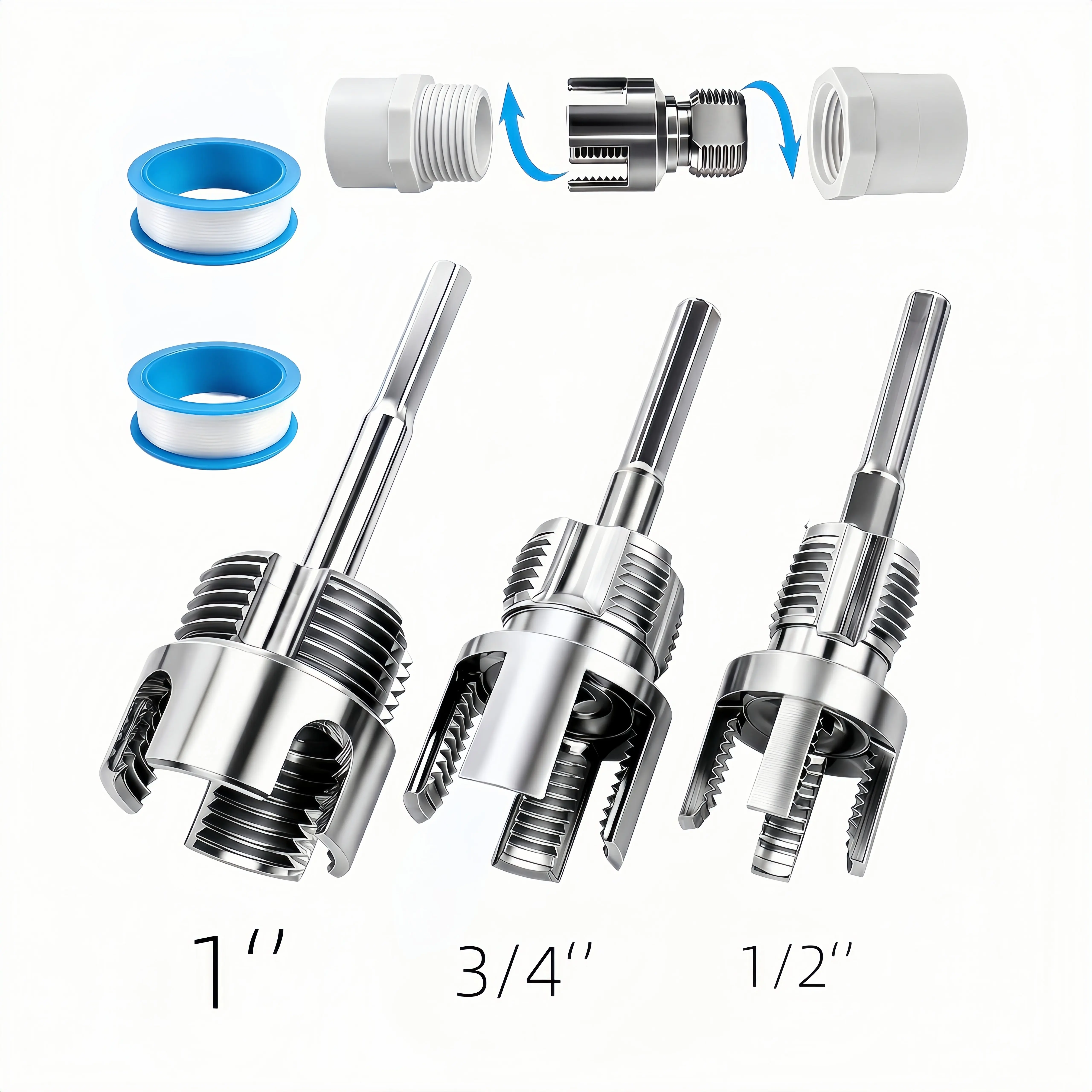 PVC Pipe Thread Cutting Tool - Integrated Internal & External Threader for 1/2'', 3/4'', 1'' Pipes, Plumbing DIY Repairs