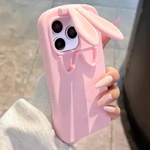 Cute Pink Rabbit Ear Flip Lens Phone Case Kawaii Silicone Protective Cover Shockproof Scratch Resistant Design Compatible with iPhone 17 16 15 14 13 Pro Max Trendy Y2K Accessory