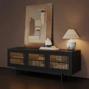 59.06"Mid-Century Modern Slatted TV Stand with LED Lights,Black TV Console with Storage, Media Console with Metal Legs,LED TV Stand