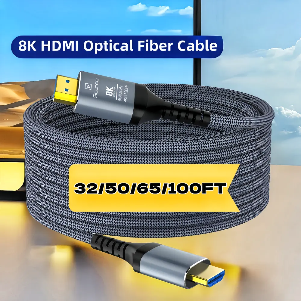 8K HDMI Fiber Optic Cable Long 2.1 32/50/65/100FT, Unidirectional Ultra 48Gbps High Speed 3D 8K60 4K120 144Hz Braided HDMI Cord eARC HDR10 HDCP 2.2&2.3 Compatible with Roku TV/PS5/HDTV/Blu-ray