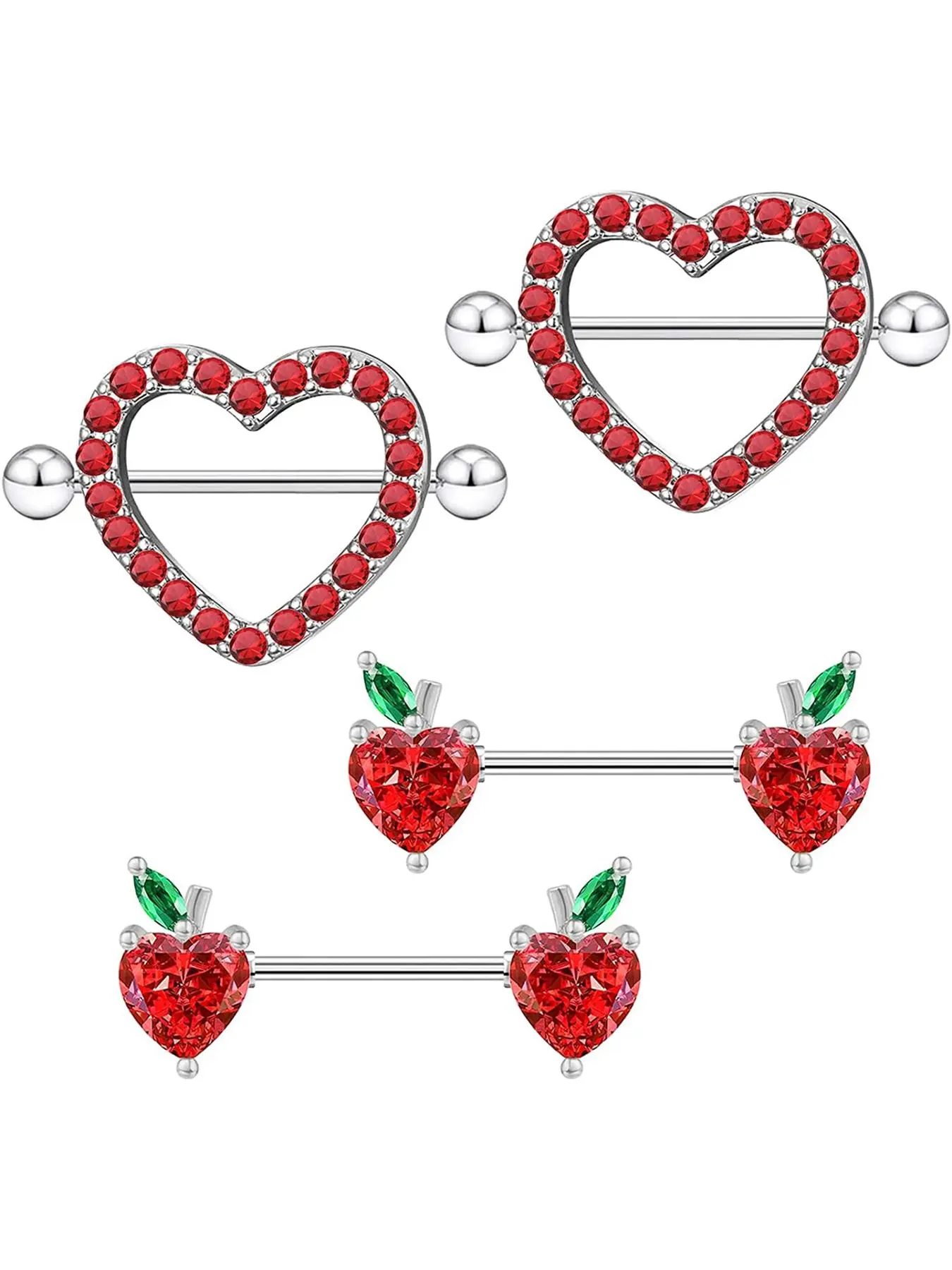 4pcs/set Women's Fashion Artificial Gemstone Decor Heart Shaped Chest Studs, Casual Trendy Body Piercing Jewelry, Stainless Steel Accessory For Women & Girls, Gems For Piercings, Chest Ring