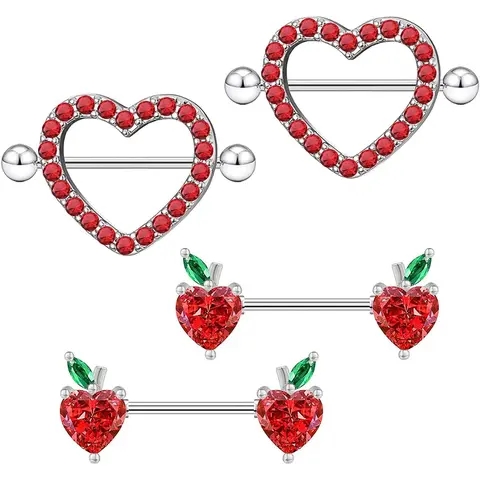 4pcs/set Women's Fashion Artificial Gemstone Decor Heart Shaped Chest Studs, Casual Trendy Piercing Jewelry, Body Jewellery, Stainless Steel Accessory For Women & Girls, Gems For Piercings, Chest Ring