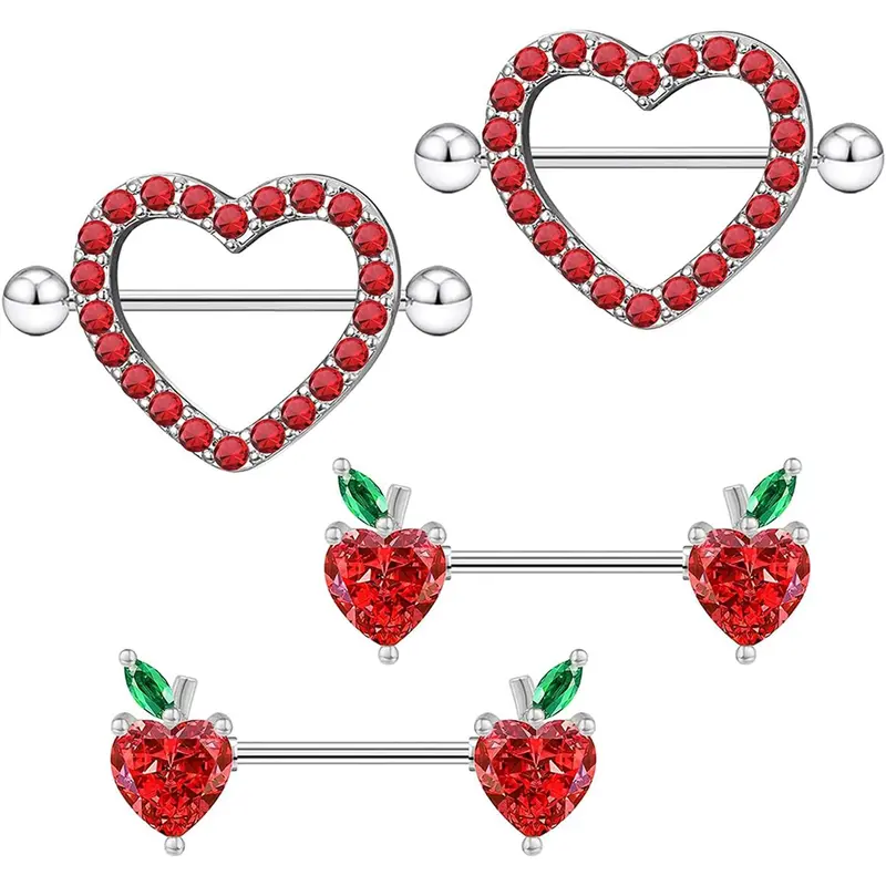 4pcs/set Women's Fashion Artificial Gemstone Decor Heart Shaped Chest Studs, Casual Trendy Piercing Jewelry, Body Jewellery, Stainless Steel Accessory For Women & Girls, Gems For Piercings, Chest Ring