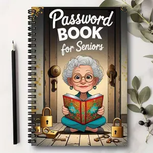Cartoon Spiral Password Journal for Seniors, 70 Pages Lock Design Notebook with Artistic Elderly Figures, Secure Login Organizer
