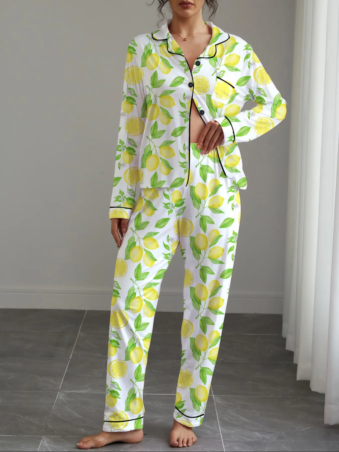 Women's Autumn Winter Pajama Set Loungewear, Fruit Lemon Print, Casual Fitted Long Sleeve Top & Elastic Pants, Soft Stretchy Fabric