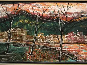 Beautiful Vintage Abstract Painting by SFAX Fine Cityscape with Mountains, Nice!