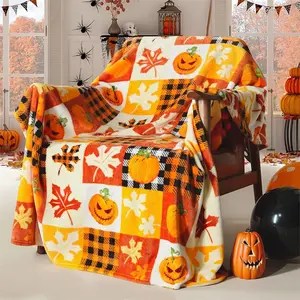 Halloween Pumpkin Leaf Pattern Fleece Blanket Soft Cozy Nights Flannel Comfortable Gift for Home Decor Suitable for beds and sofas can also be given as a gift
