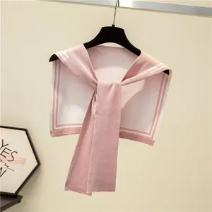 Korean College Navy Stripe Wool Knit Shoulder Cape Knotted Warm Overlapping Shawl Women Summer Neck Scarf T56