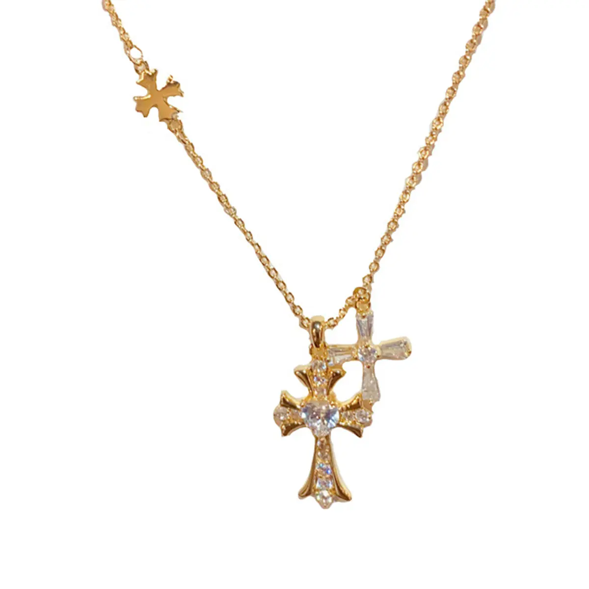 Diamond Cross Pendant Necklaces, Gold-Plated Double Cross Adjustable Chain Jewelry for Women & Men, Punk Faith-Based Fashion, Fashion Pendant Necklace, Cross Necklace Chain