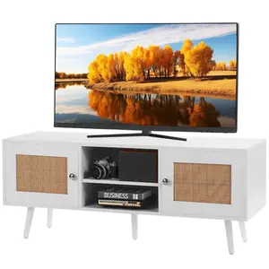 White Mid-Century Modern Boho Rattan Frame TV Cabinet, Media Console with Adjustable Shelves for 55-Inch TV, Living Room Use