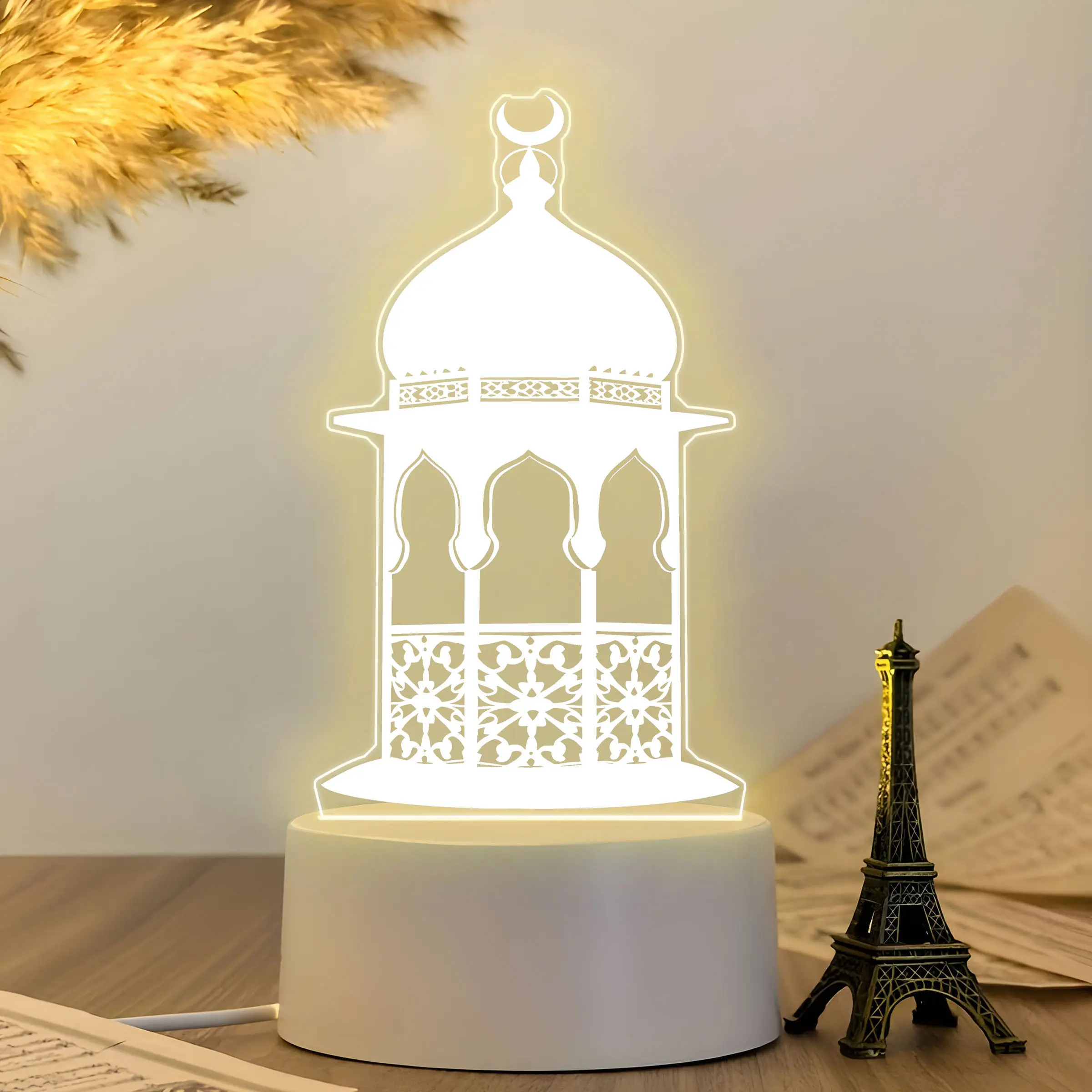 Acrylic Ramadan Decoration Lamp, LED Table Light with Base, Islamic Design Theme, Muslim Ramadan Party Decor, Holiday Gift