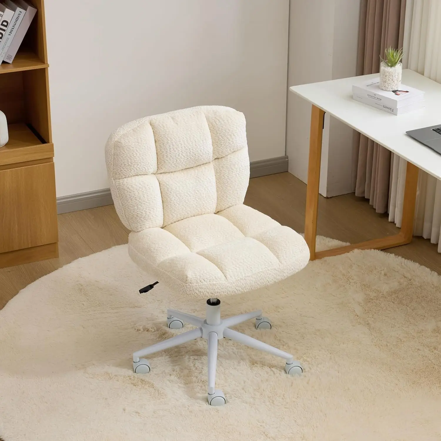 VINGLI Cute Plush Armless Vanity Chair - Chenille Upholstered, High-Resilience Plush Cushion, Fluffy Backrest, 360° Quiet Rolling Wheels, Height-Adjust, 23" Wide Seating for Bedroom Dressing Room Office Desk