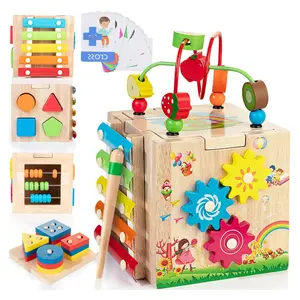 Wooden Activity Cube,  8-in-1 Montessori Toys, Kids Educational Developmental Learning Toys, Boys and Girls Birthday Gifts | Bonus Sorting & Stacking Board and Word Cards