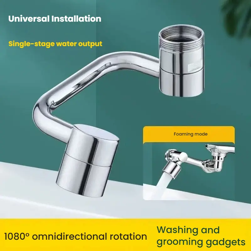 Solid Brass Metal Faucet Aerator Extender, 1080° Swivel Universal Tap Head, Tool-Free Installation, Dual-Flow Anti-Splash Water-Saving Attachment for Kitchen Sinks (For Renters)